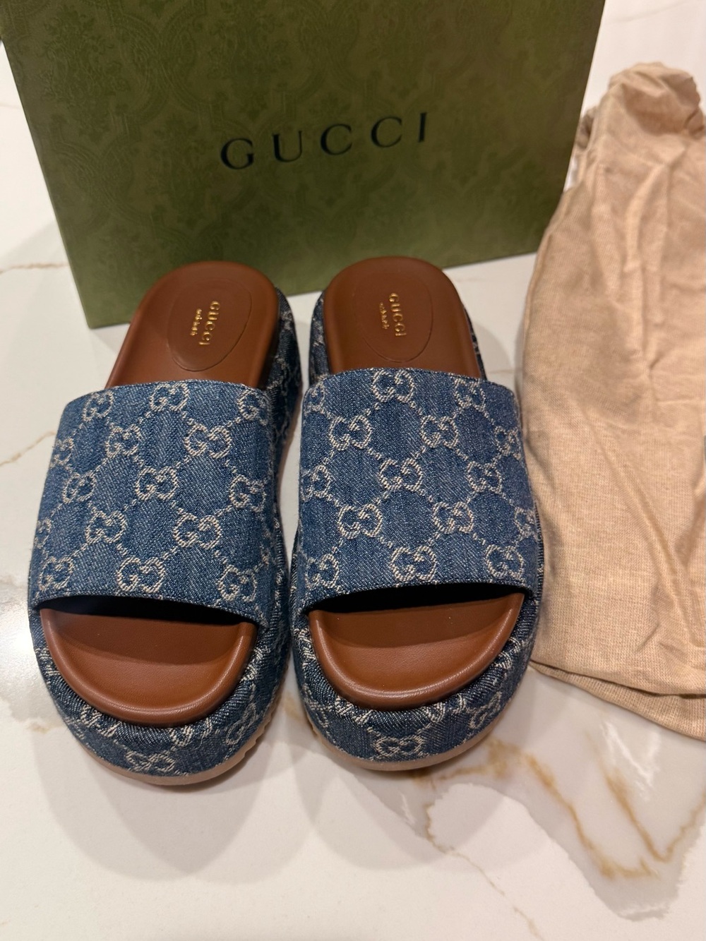 Gucci GG Denim Platform Slide Sandals Blue Brown + Box & Dust Bag